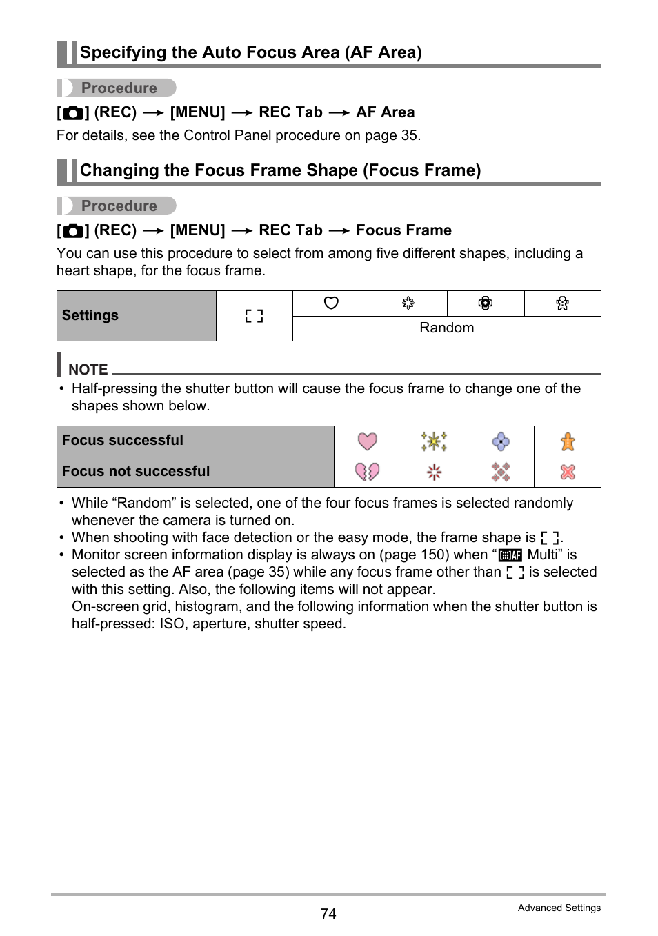 Specifying the auto focus area (af area), Changing the focus frame shape (focus frame) | Casio EX-Z280 User Manual | Page 74 / 194