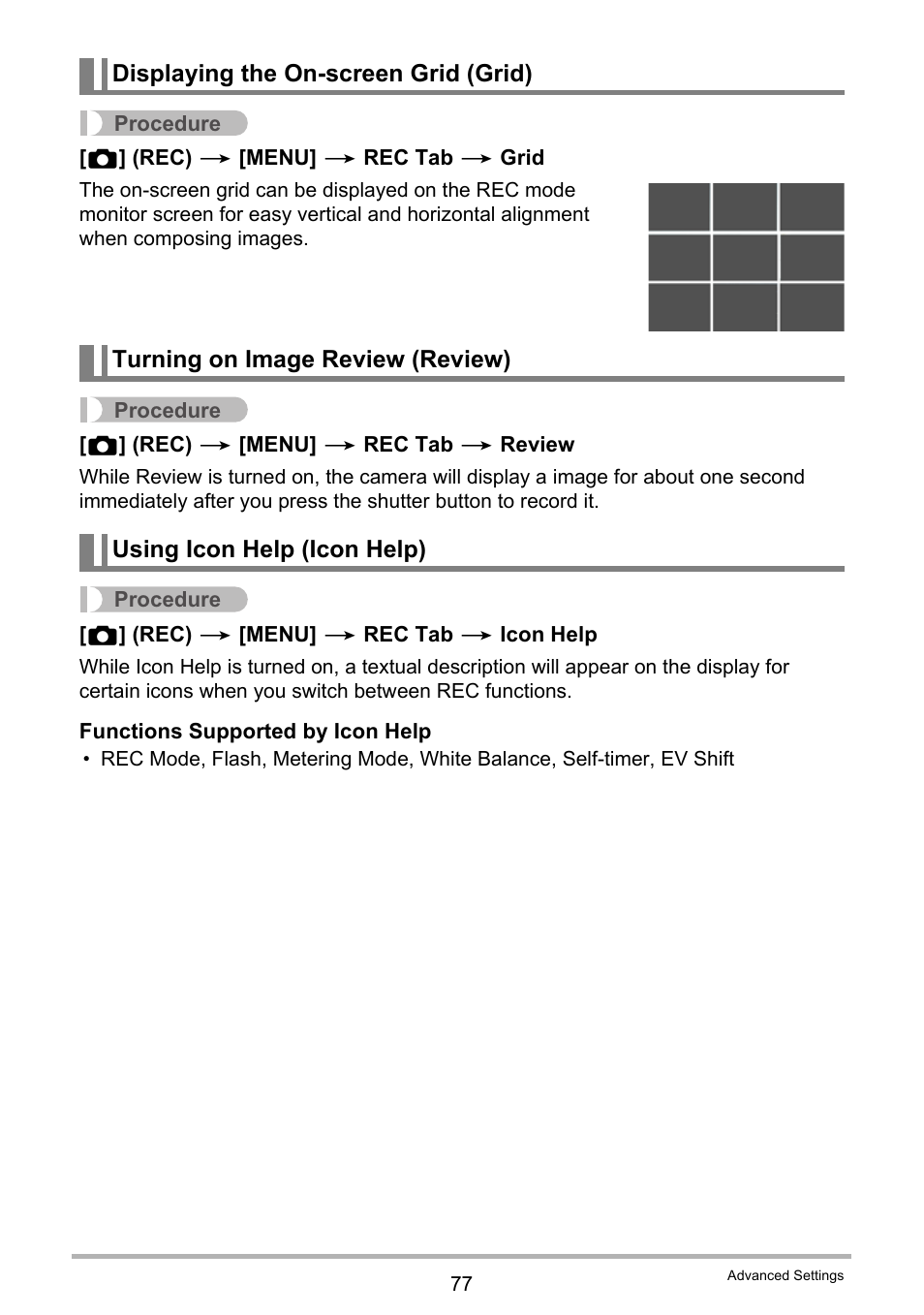 Displaying the on-screen grid (grid), Turning on image review (review), Using icon help (icon help) | Casio EX-Z280 User Manual | Page 77 / 194