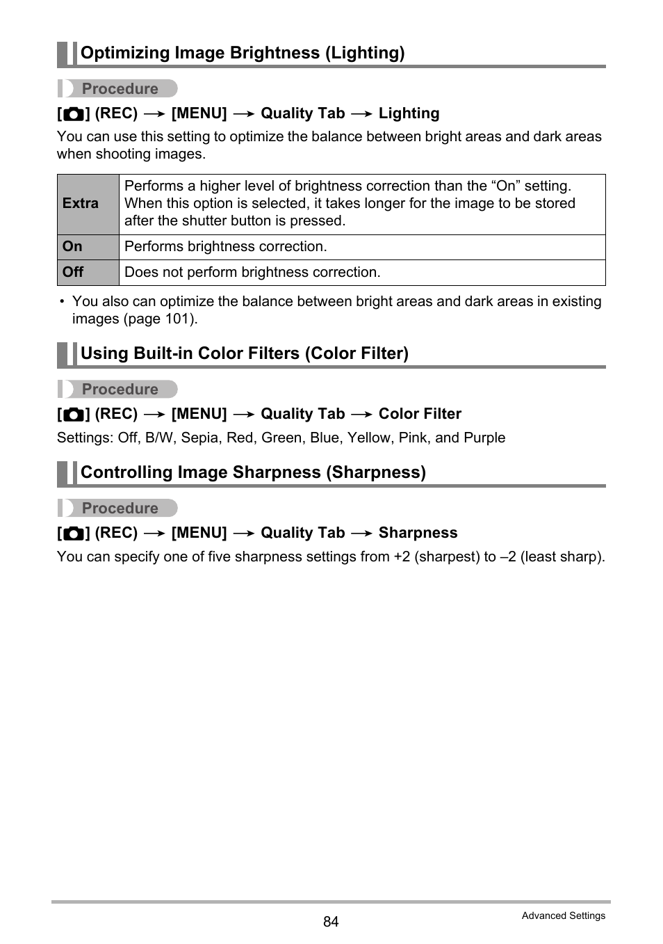 Optimizing image brightness (lighting), Using built-in color filters (color filter), Controlling image sharpness (sharpness) | Casio EX-Z280 User Manual | Page 84 / 194