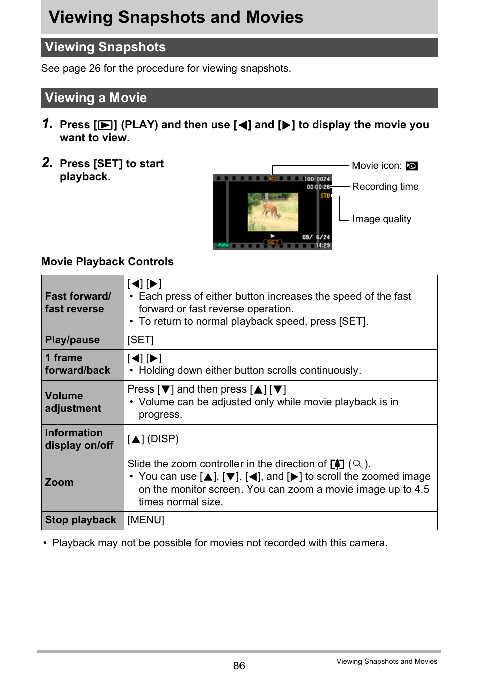 Viewing snapshots and movies, Viewing snapshots, Viewing a movie | Viewing snapshots viewing a movie, Age 86 | Casio EX-Z280 User Manual | Page 86 / 194