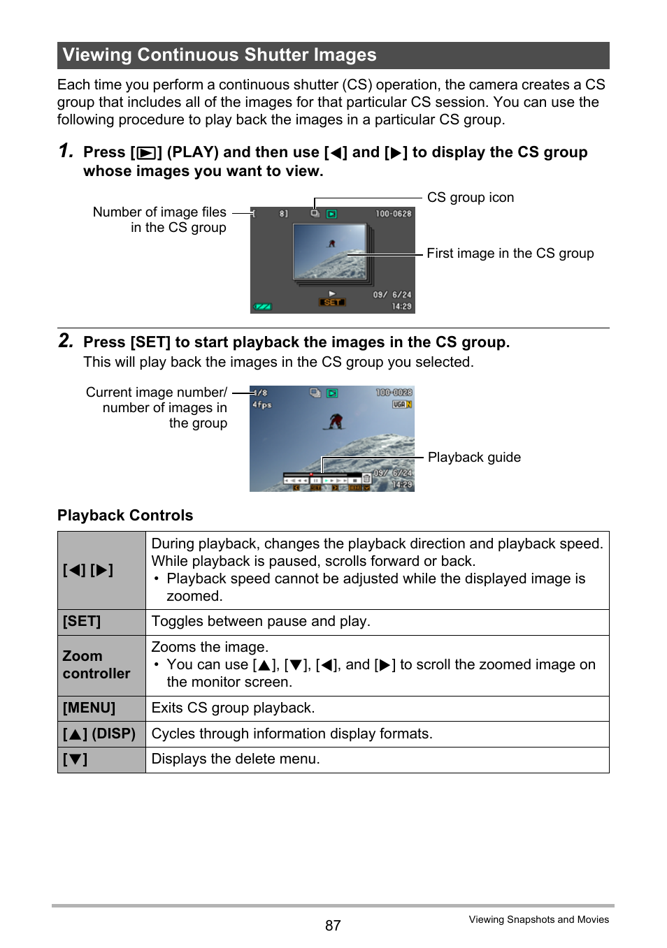 Viewing continuous shutter images | Casio EX-Z280 User Manual | Page 87 / 194