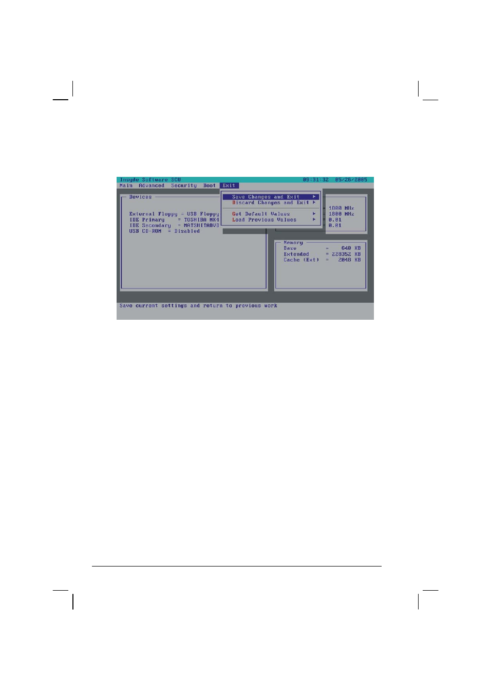 Exit menu, Save changes and exit, Discard changes and exit | Get default values, Load previous values | Casio HK1223 User Manual | Page 102 / 147