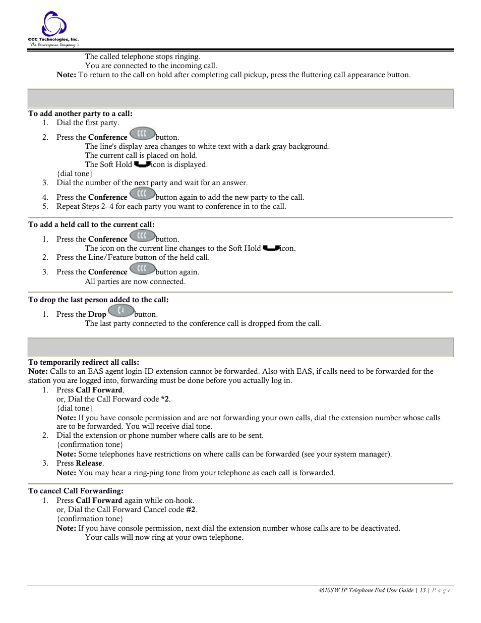 Conference, To add another party to a call, To add a held call to the current call | To drop the last person added to the call, Call forwarding all calls, To temporarily redirect all calls, To cancel call forwarding | Avaya 4610SW User Manual | Page 13 / 24