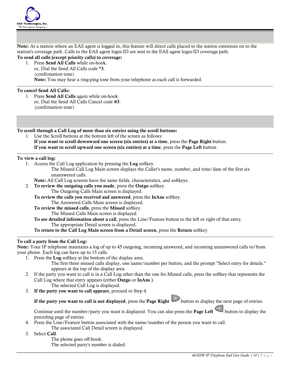 Send all calls, To cancel send all calls, Call log | To view a call log, To call a party from the call log | Avaya 4610SW User Manual | Page 14 / 24