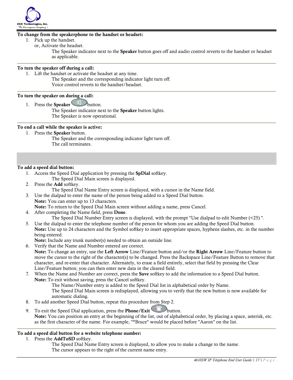 To turn the speaker off during a call, To turn the speaker on during a call, To end a call while the speaker is active | Speed dial, To add a speed dial button | Avaya 4610SW User Manual | Page 17 / 24