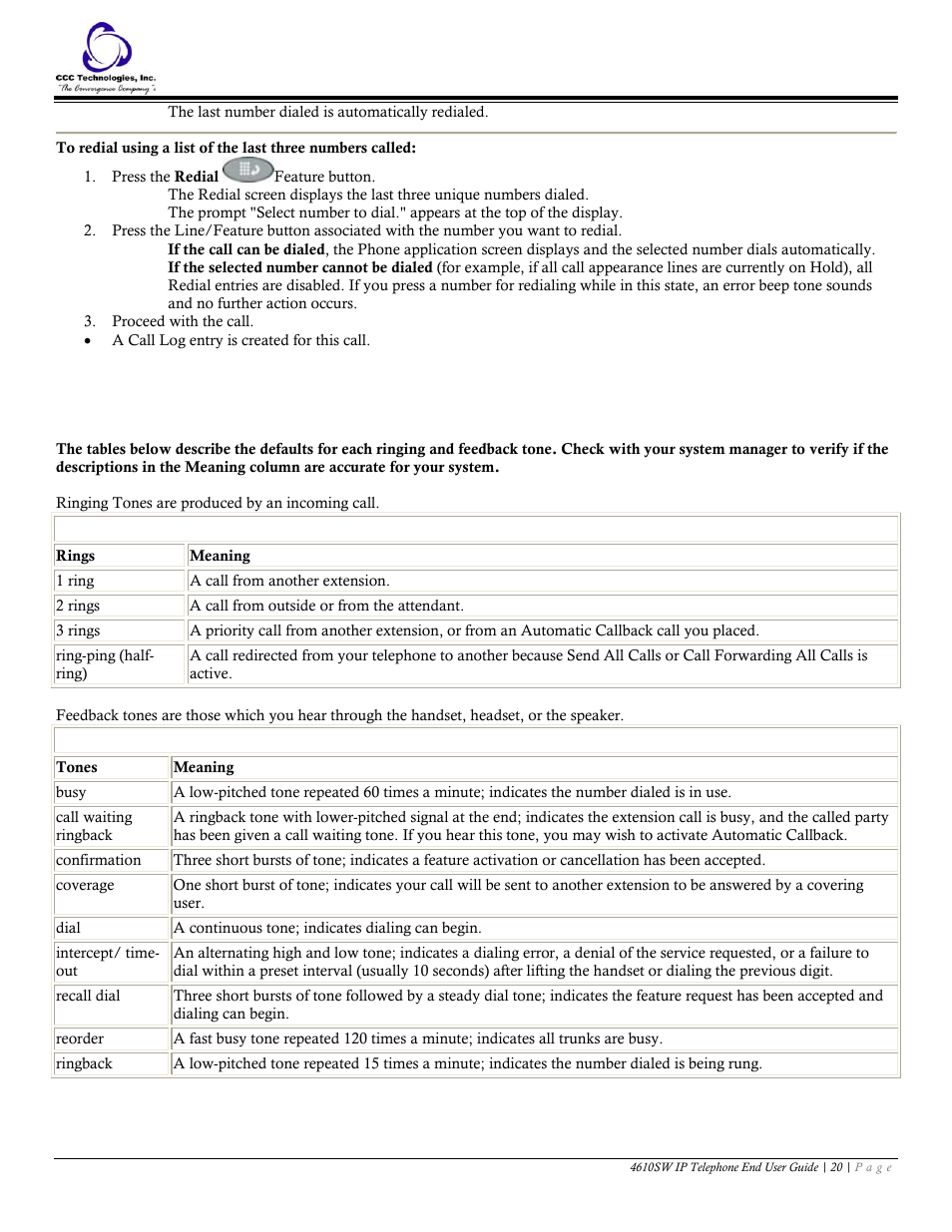 Tones and their meanings, Ringing tones, Feedback tones | Avaya 4610SW User Manual | Page 20 / 24