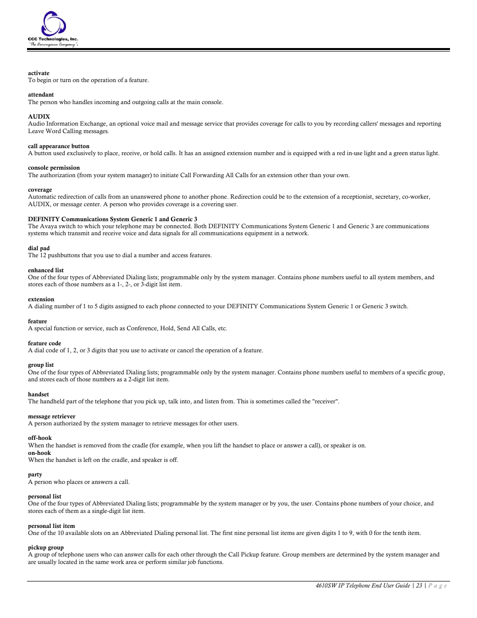Glossary | Avaya 4610SW User Manual | Page 23 / 24