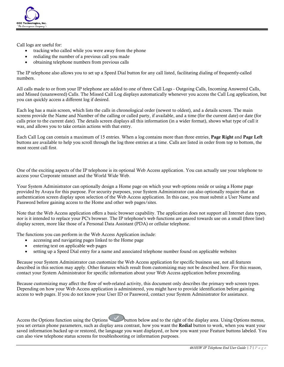 Call log application, Web access application, Ip telephone options | Avaya 4610SW User Manual | Page 7 / 24