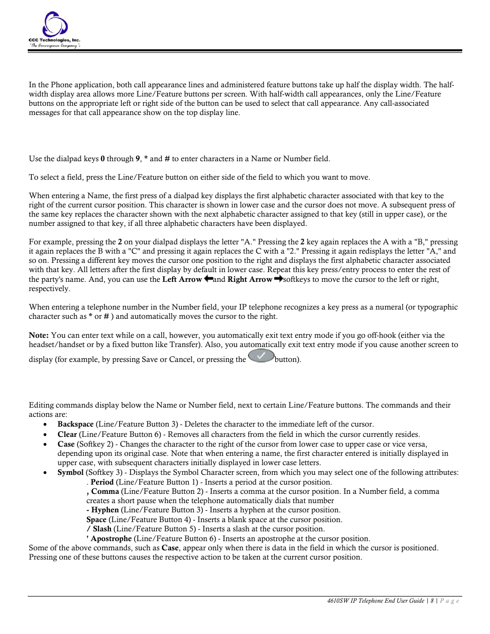 Call appearances, Entering characters using the dialpad, Editing during or after entry | Avaya 4610SW User Manual | Page 8 / 24