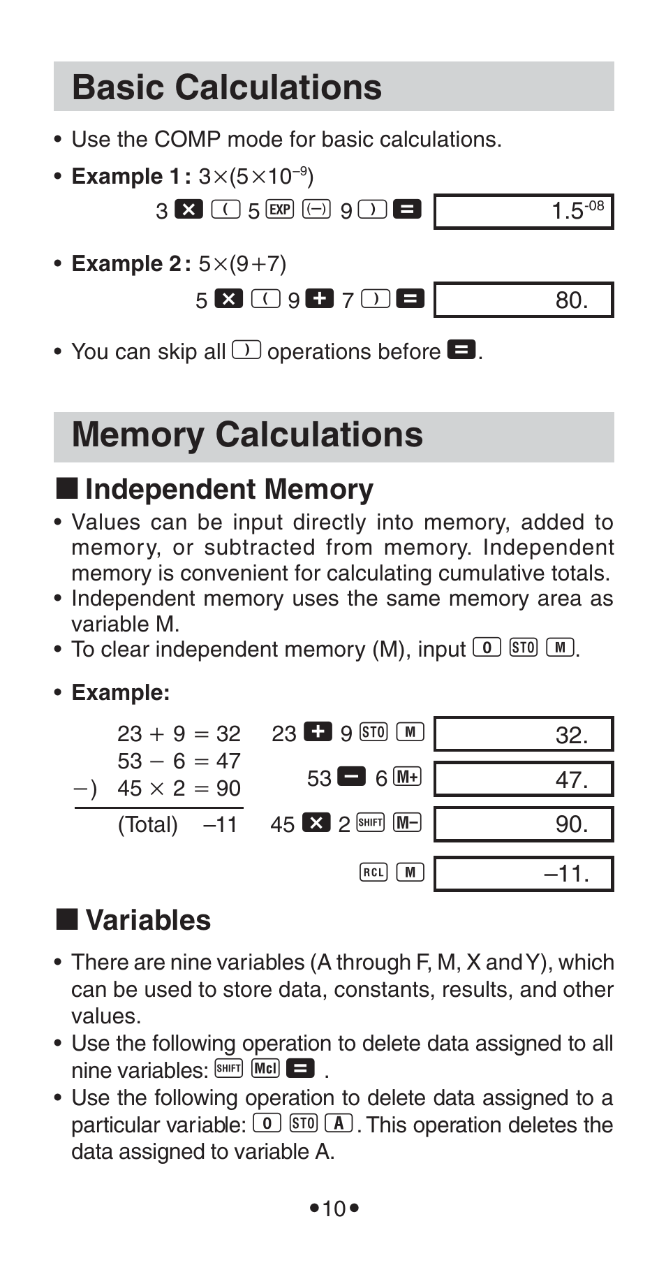 Basic calculations, K variables | Casio FX-115WA User Manual | Page 12 / 38