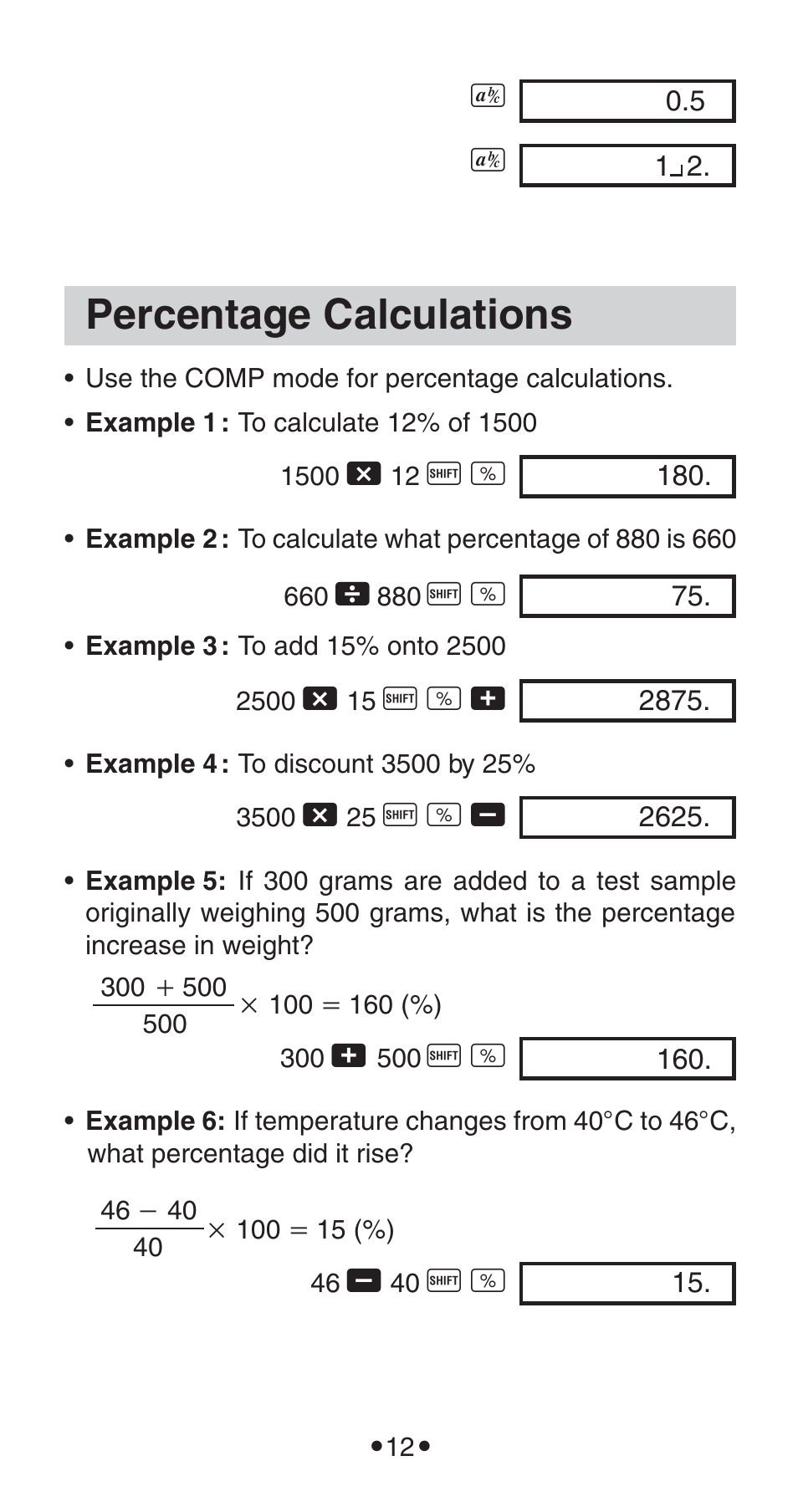 Percentage calculations | Casio FX-115WA User Manual | Page 14 / 38