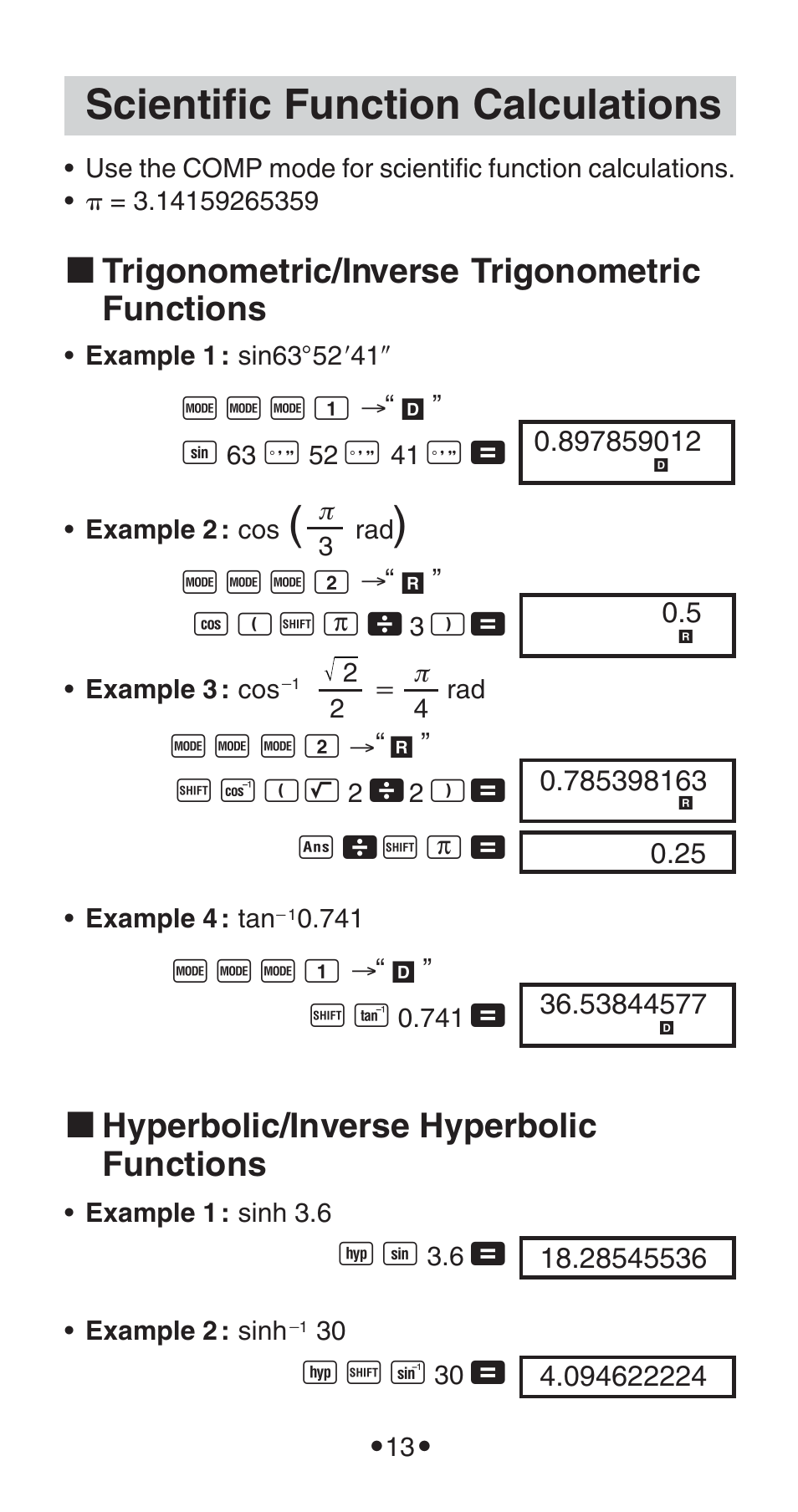 Scientific function calculations, K trigonometric/inverse trigonometric functions, K hyperbolic/inverse hyperbolic functions | Casio FX-115WA User Manual | Page 15 / 38