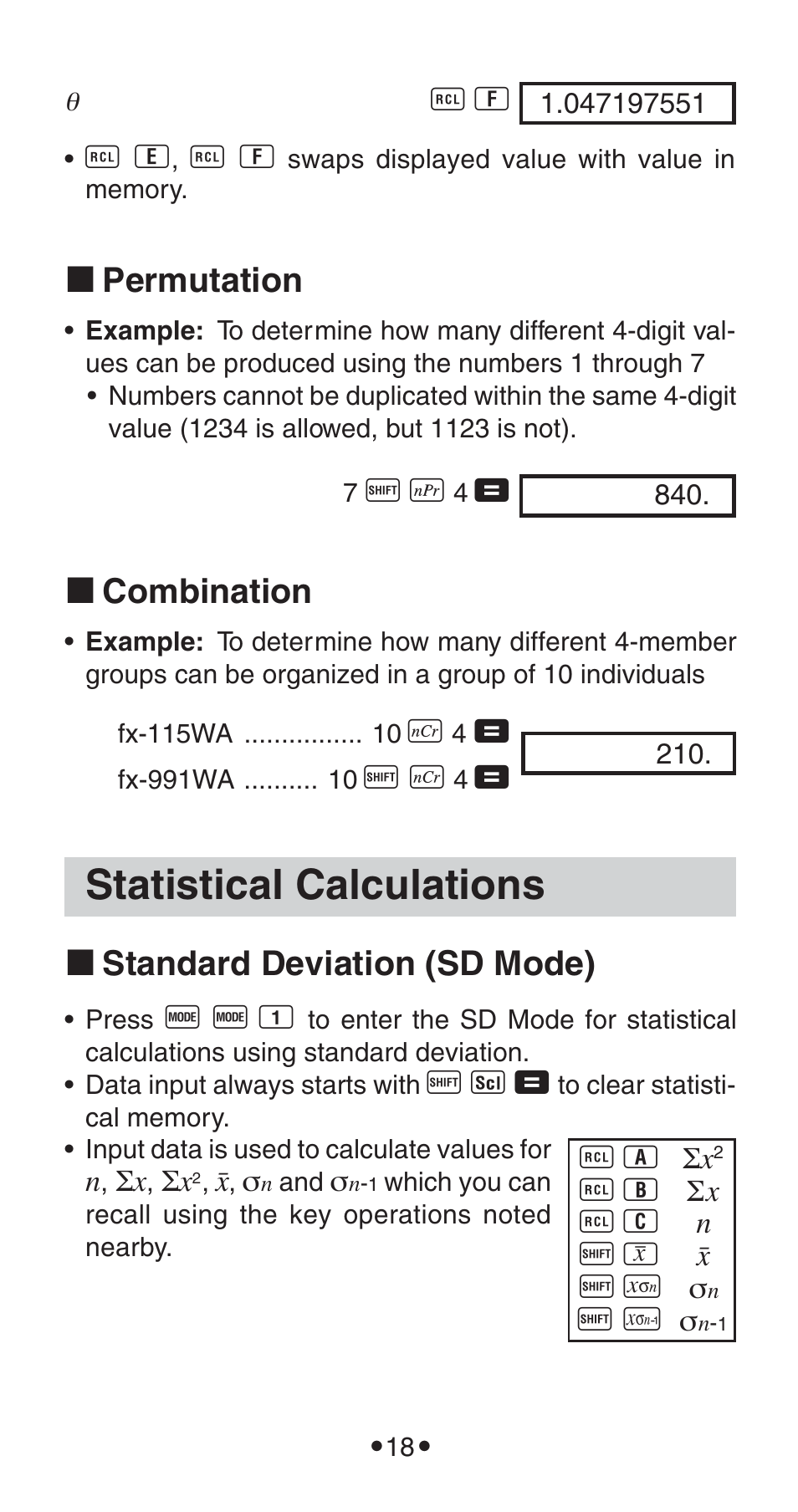 Statistical calculations, K permutation, K combination | K standard deviation (sd mode) | Casio FX-115WA User Manual | Page 20 / 38