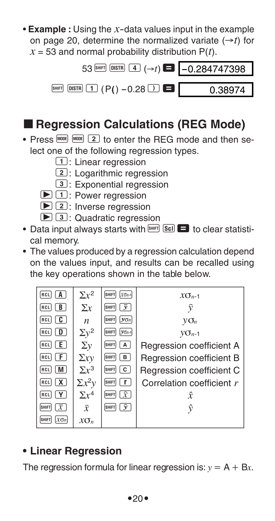 K regression calculations (reg mode) | Casio FX-115WA User Manual | Page 22 / 38