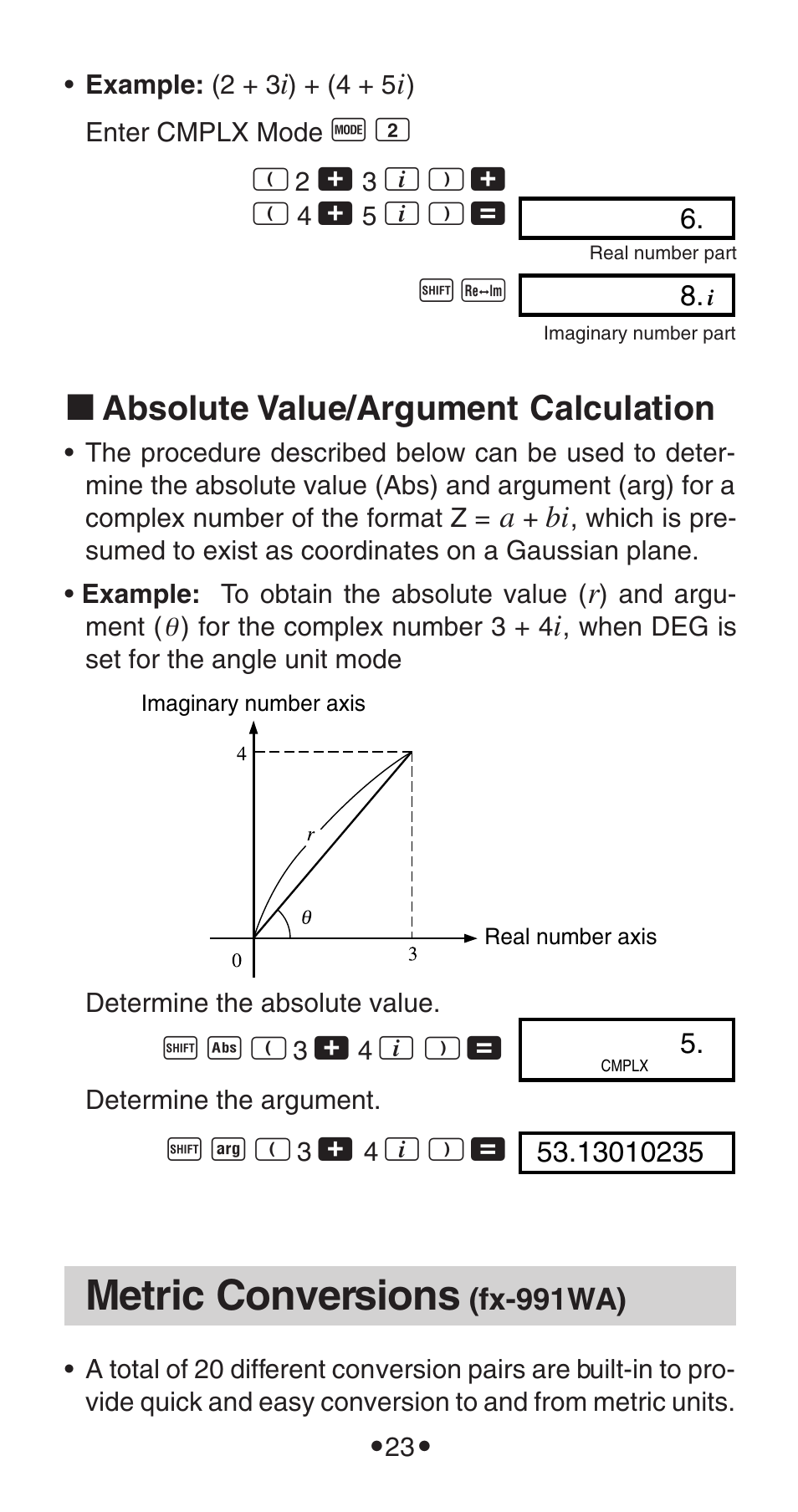 Metric conversions, K absolute value/argument calculation | Casio FX-115WA User Manual | Page 25 / 38