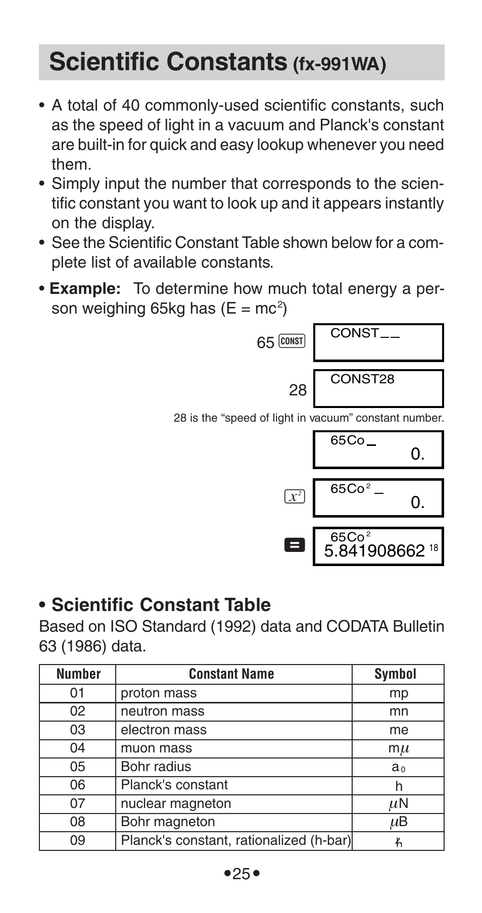 Scientific constants, Fx-991wa), Scientific constant table | Casio FX-115WA User Manual | Page 27 / 38