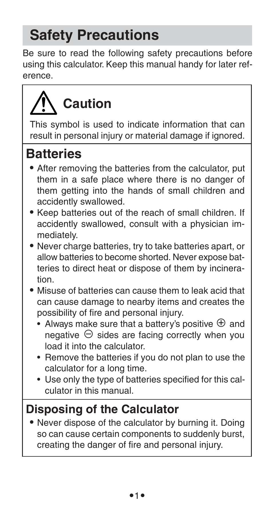 Safety precautions, Caution, Batteries | Disposing of the calculator | Casio FX-115WA User Manual | Page 3 / 38