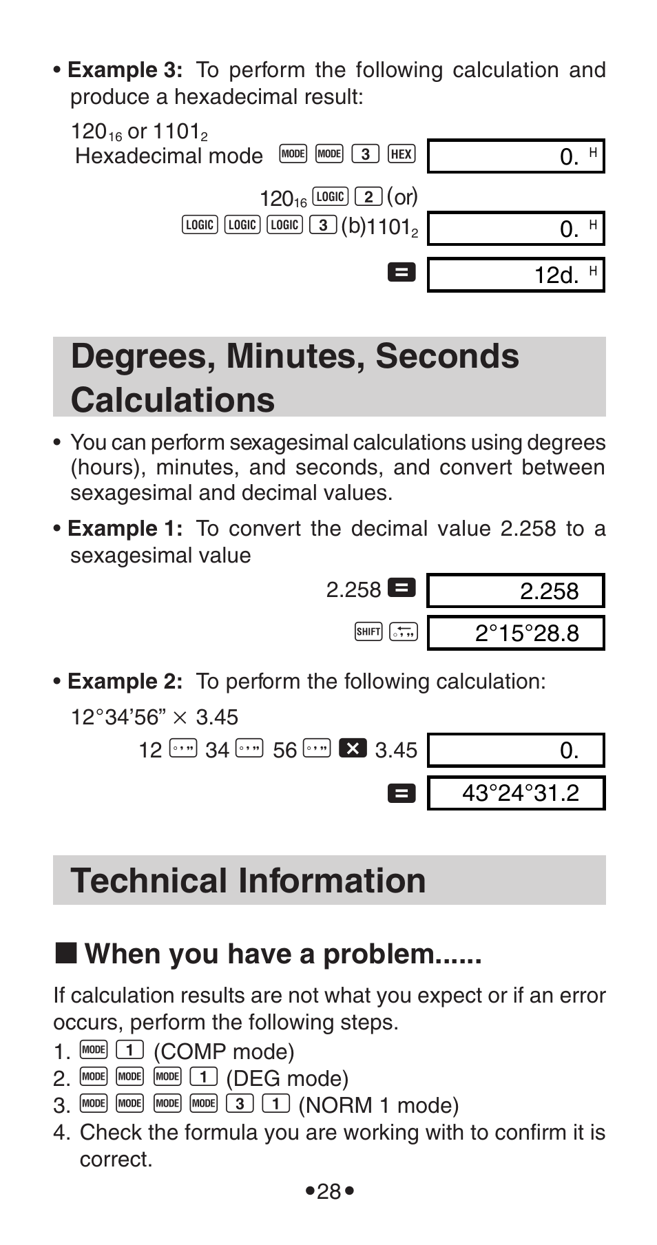 Degrees, minutes, seconds calculations, Technical information, K when you have a problem | Casio FX-115WA User Manual | Page 30 / 38