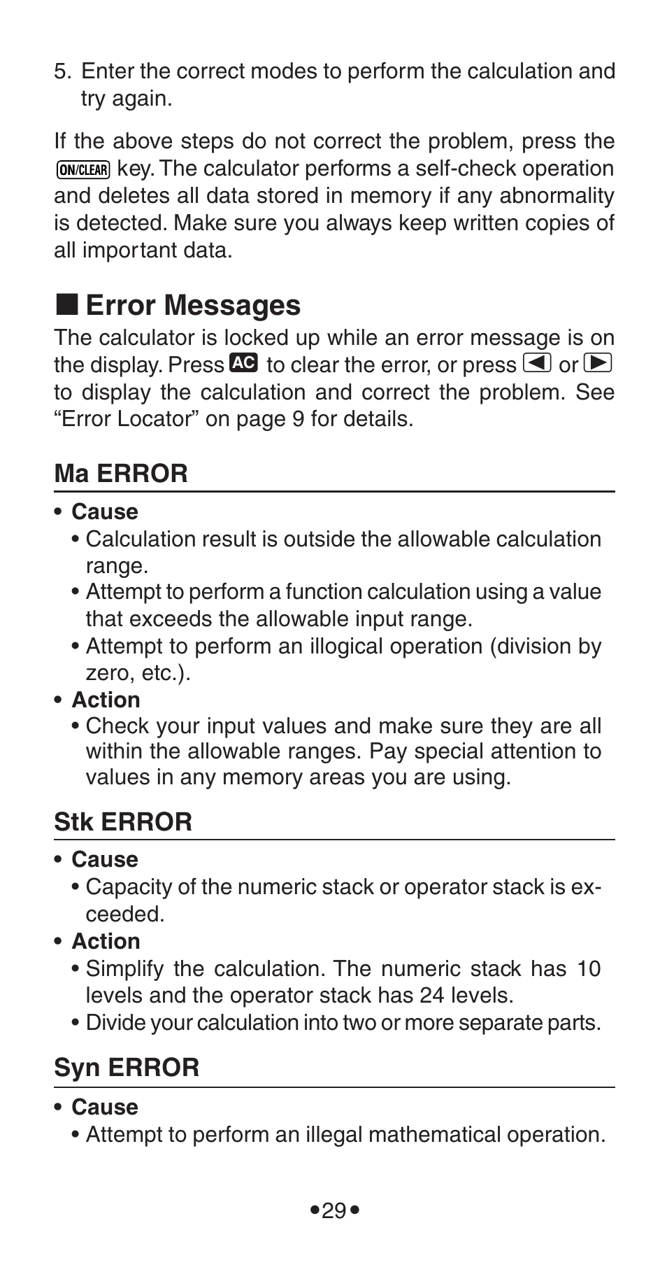 K error messages | Casio FX-115WA User Manual | Page 31 / 38