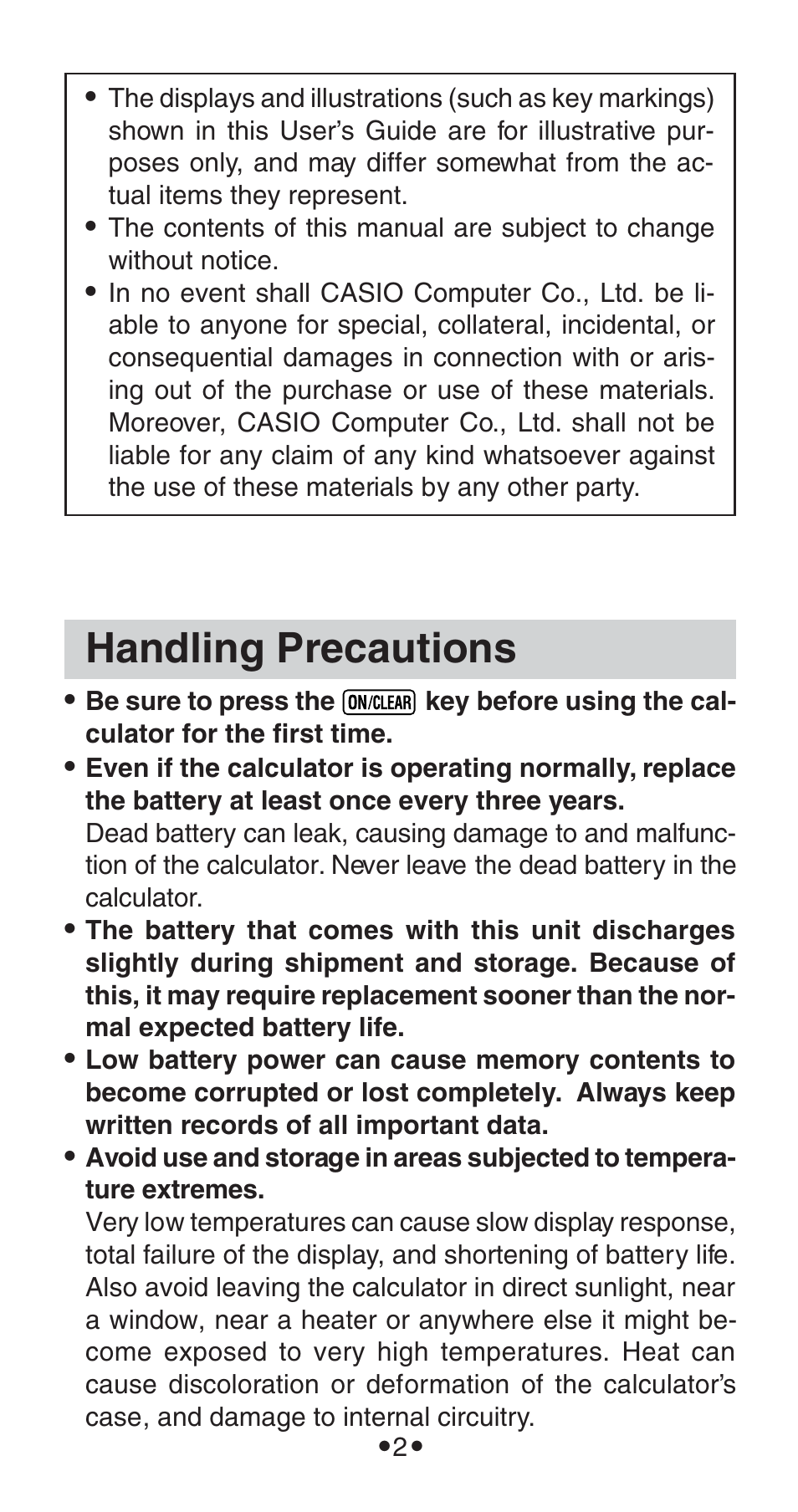 Handling precautions | Casio FX-115WA User Manual | Page 4 / 38