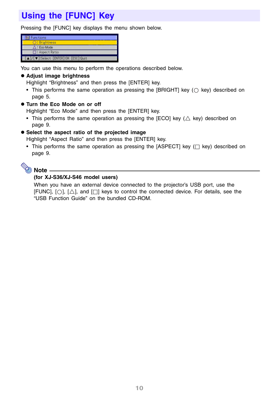 Using the [func] key | Casio XJ-S31 User Manual | Page 10 / 34