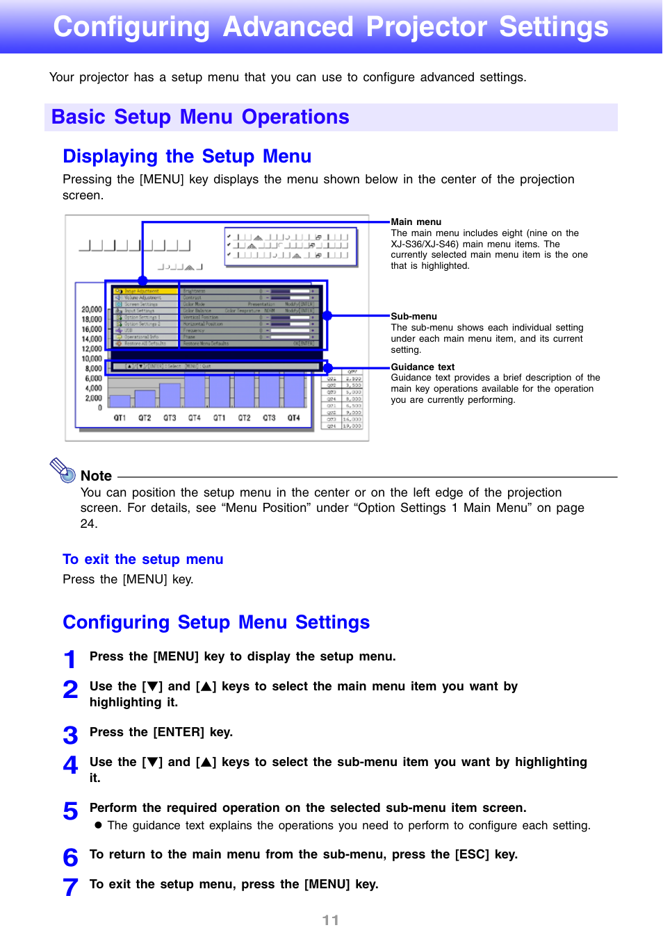 Configuring advanced projector settings, Basic setup menu operations, Displaying the setup menu | Configuring setup menu settings | Casio XJ-S31 User Manual | Page 11 / 34