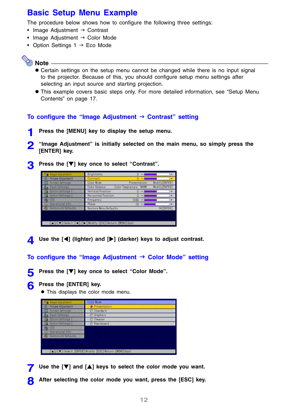 Basic setup menu example | Casio XJ-S31 User Manual | Page 12 / 34