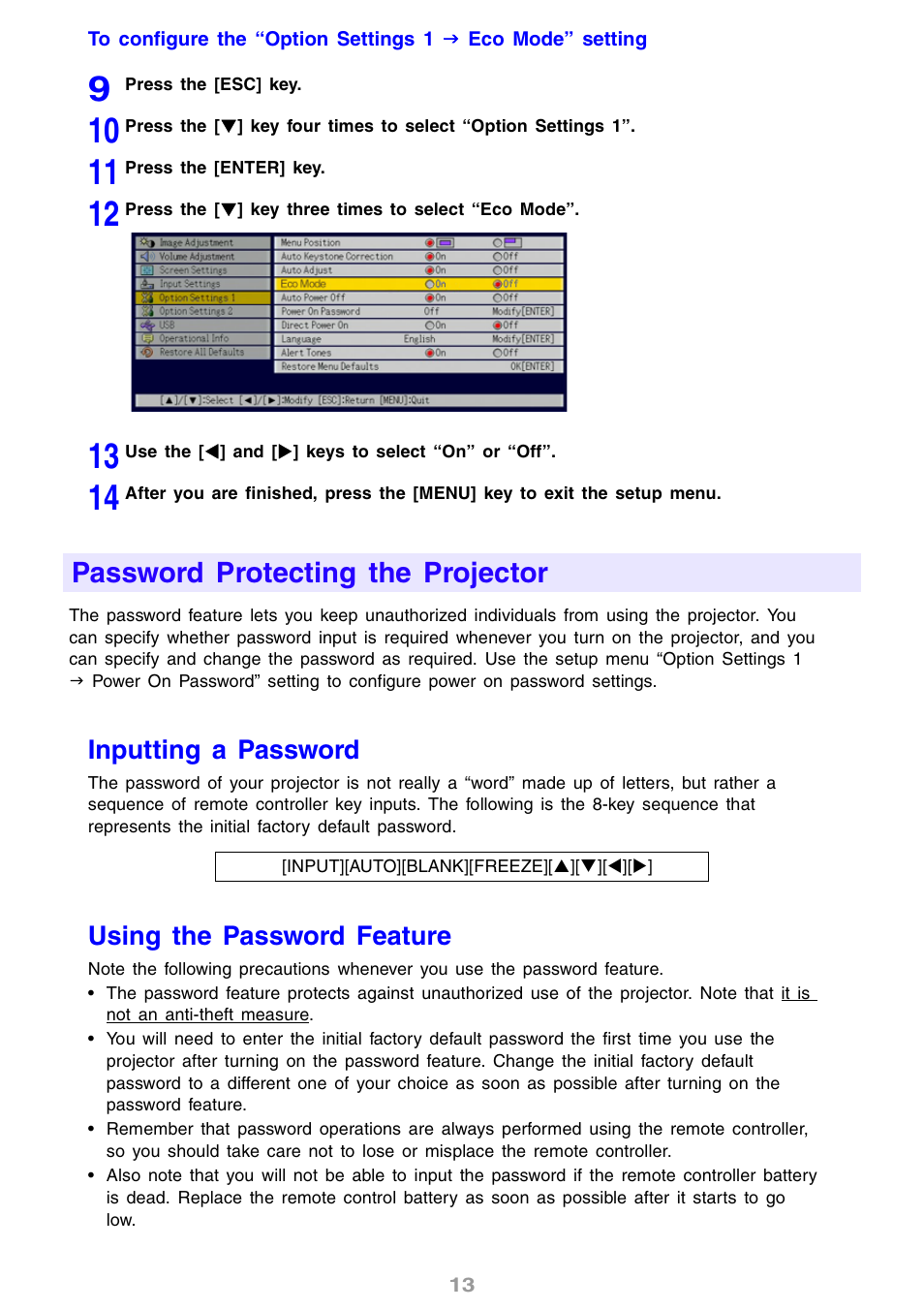 Password protecting the projector, Inputting a password, Using the password feature | Casio XJ-S31 User Manual | Page 13 / 34
