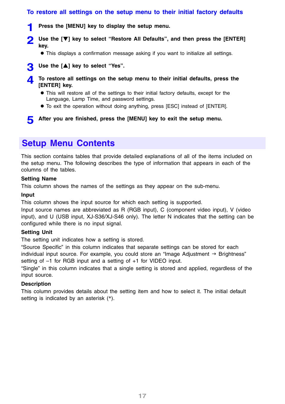 Setup menu contents | Casio XJ-S31 User Manual | Page 17 / 34