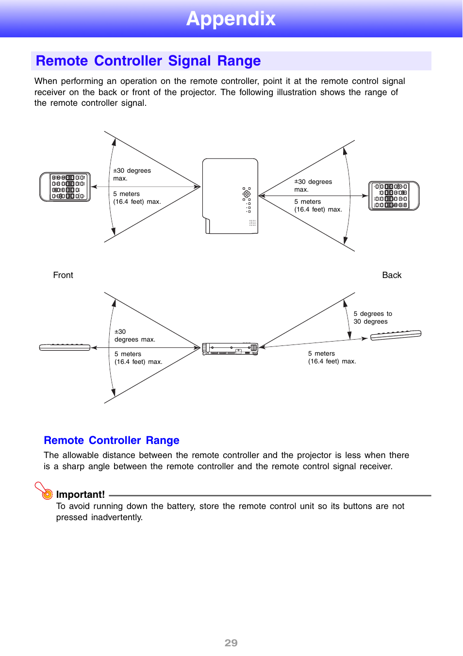 Appendix, Remote controller signal range, Remote controller range | Casio XJ-S31 User Manual | Page 29 / 34