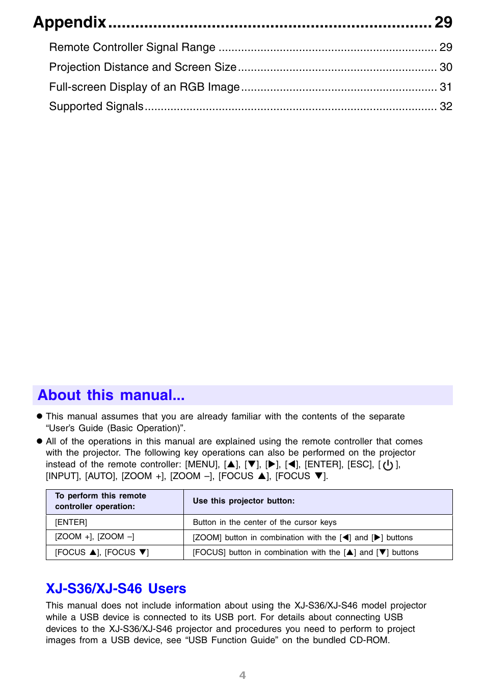 About this manual, Xj-s36/xj-s46 users, Appendix | Casio XJ-S31 User Manual | Page 4 / 34