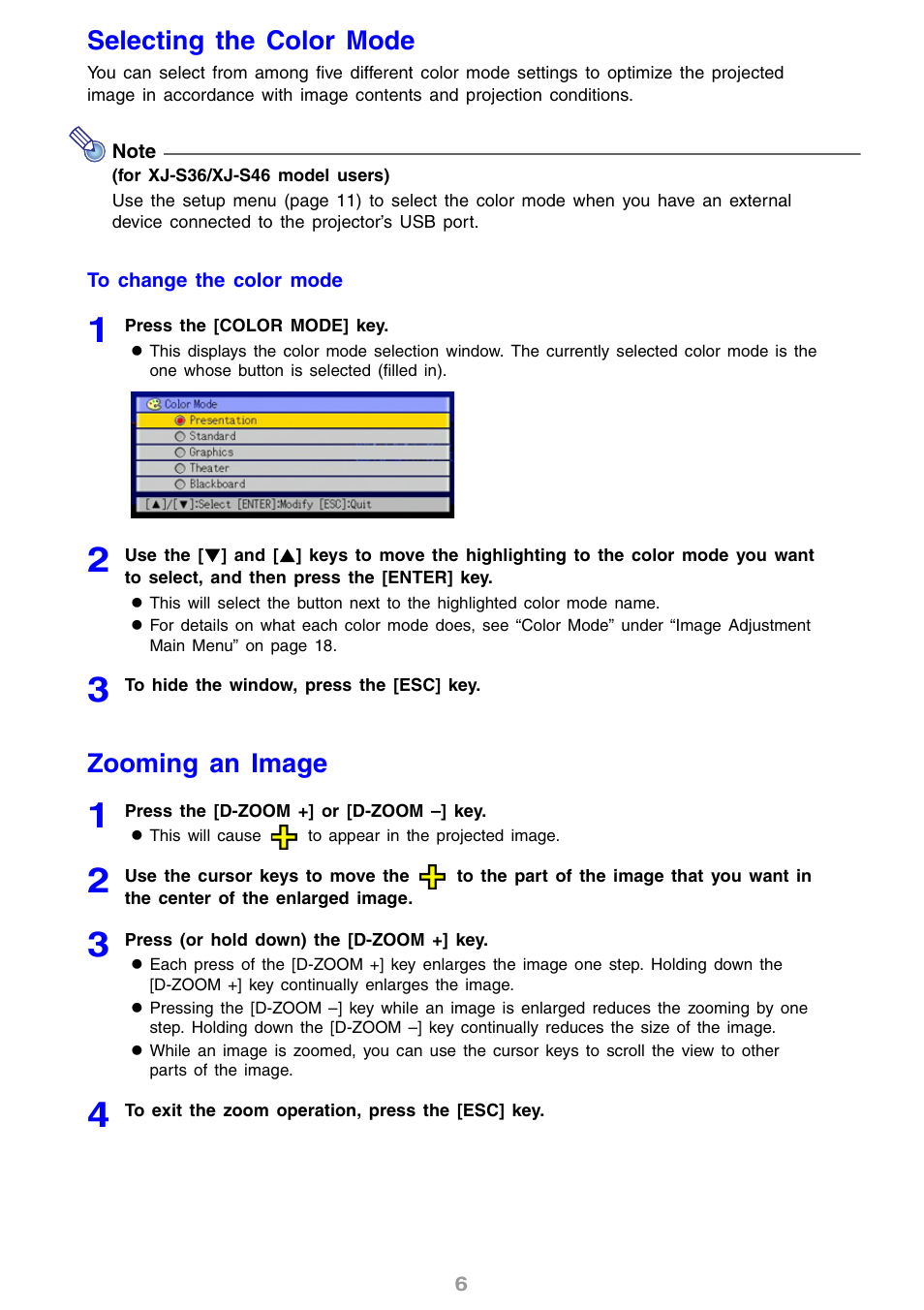 Selecting the color mode, Zooming an image | Casio XJ-S31 User Manual | Page 6 / 34