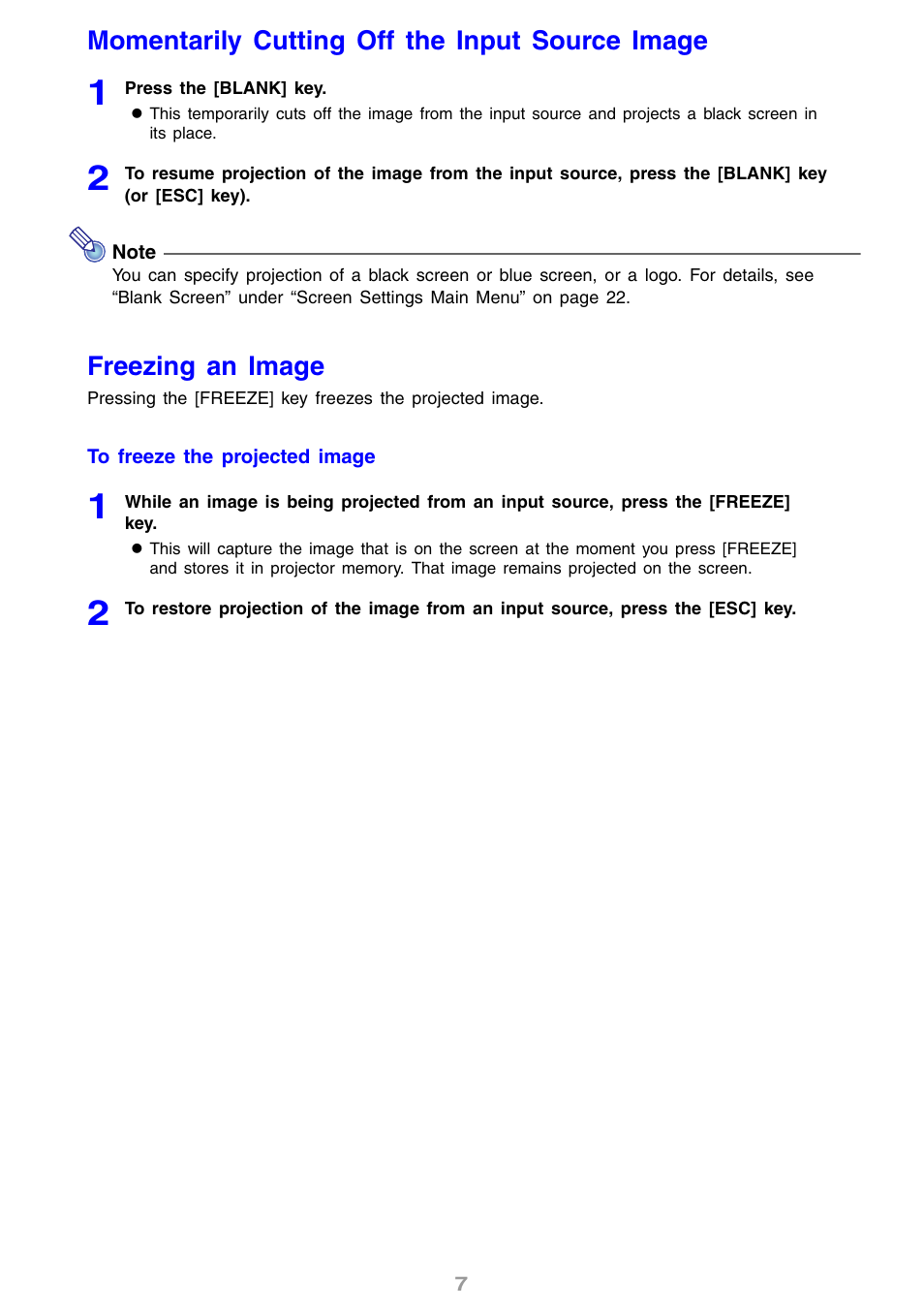 Momentarily cutting off the input source image, Freezing an image | Casio XJ-S31 User Manual | Page 7 / 34