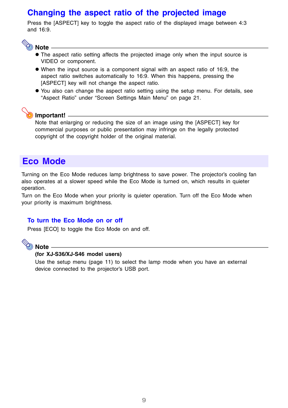 Changing the aspect ratio of the projected image, Eco mode | Casio XJ-S31 User Manual | Page 9 / 34