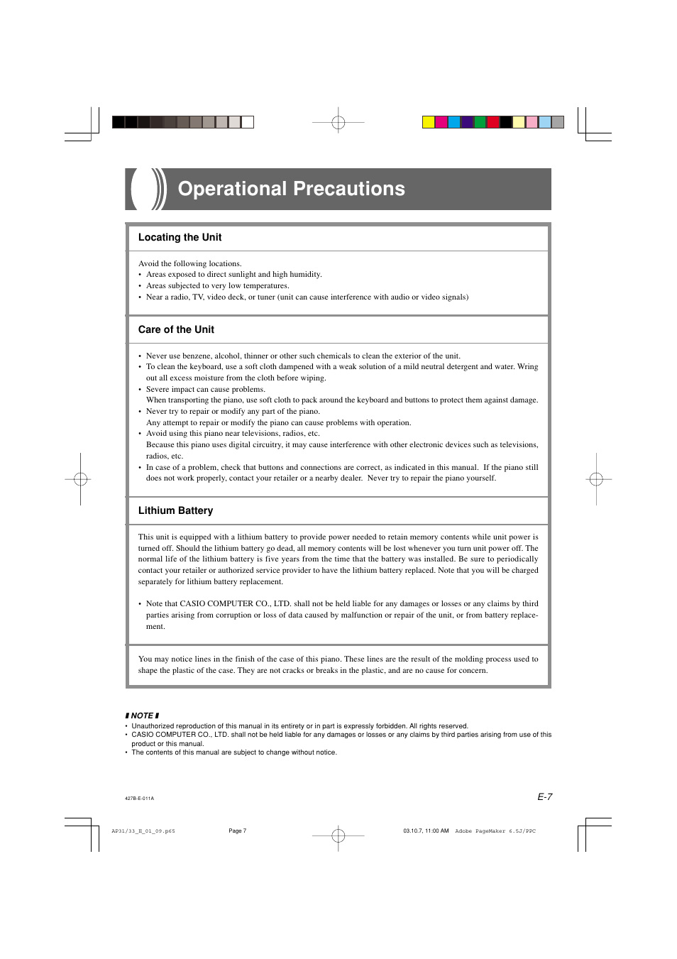 Operational precautions | Casio CELVIANO AP-33V User Manual | Page 11 / 50