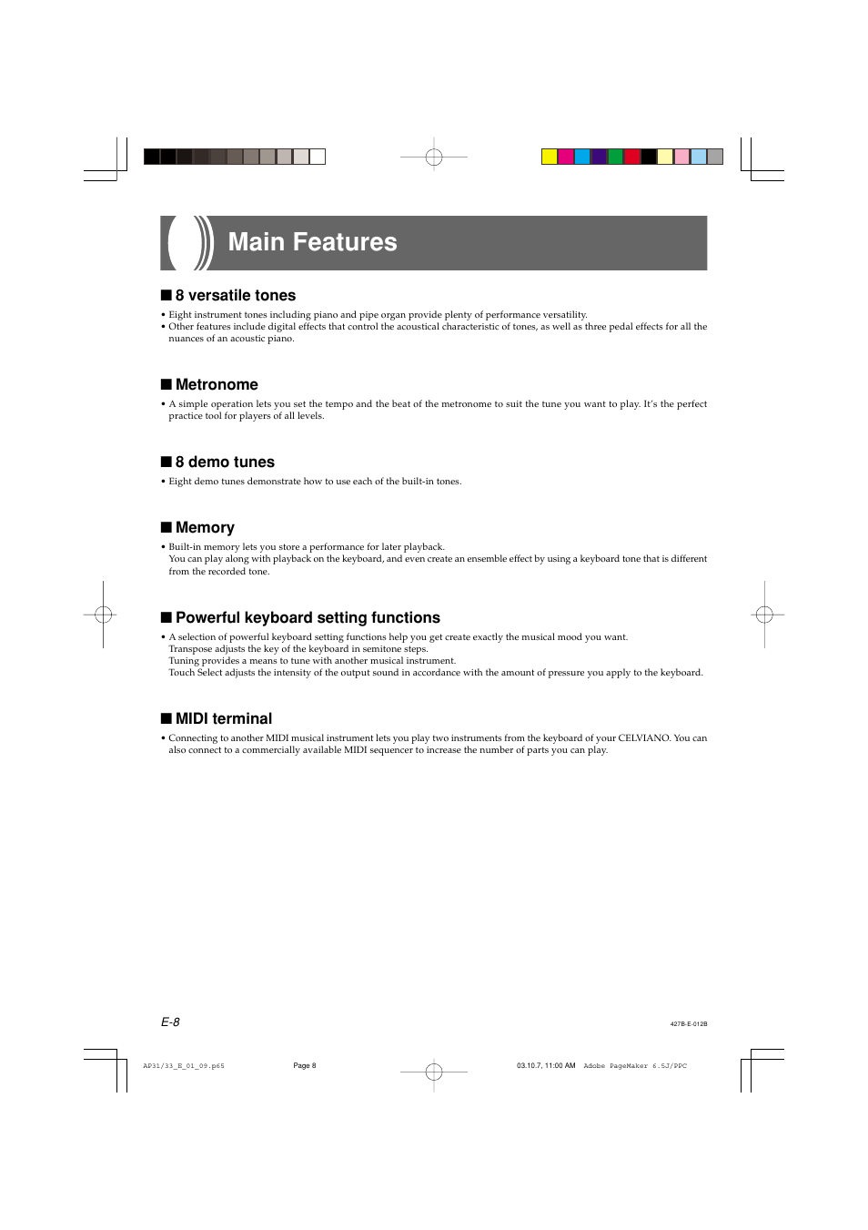 Main features, 8 versatile tones, Metronome | 8 demo tunes, Powerful keyboard setting functions, Midi terminal | Casio CELVIANO AP-33V User Manual | Page 12 / 50