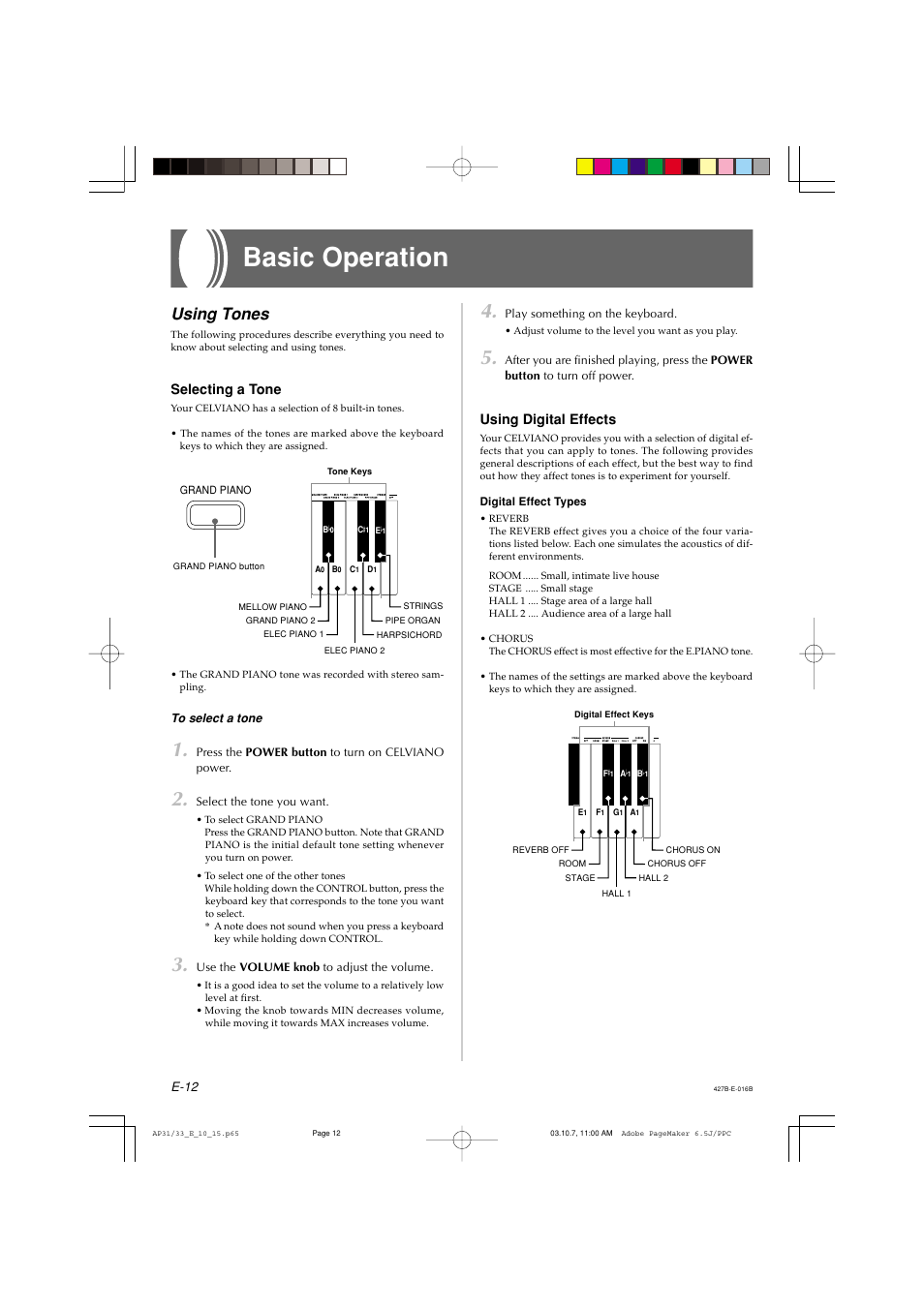Basic operation, Using tones, Selecting a tone | Using digital effects | Casio CELVIANO AP-33V User Manual | Page 16 / 50