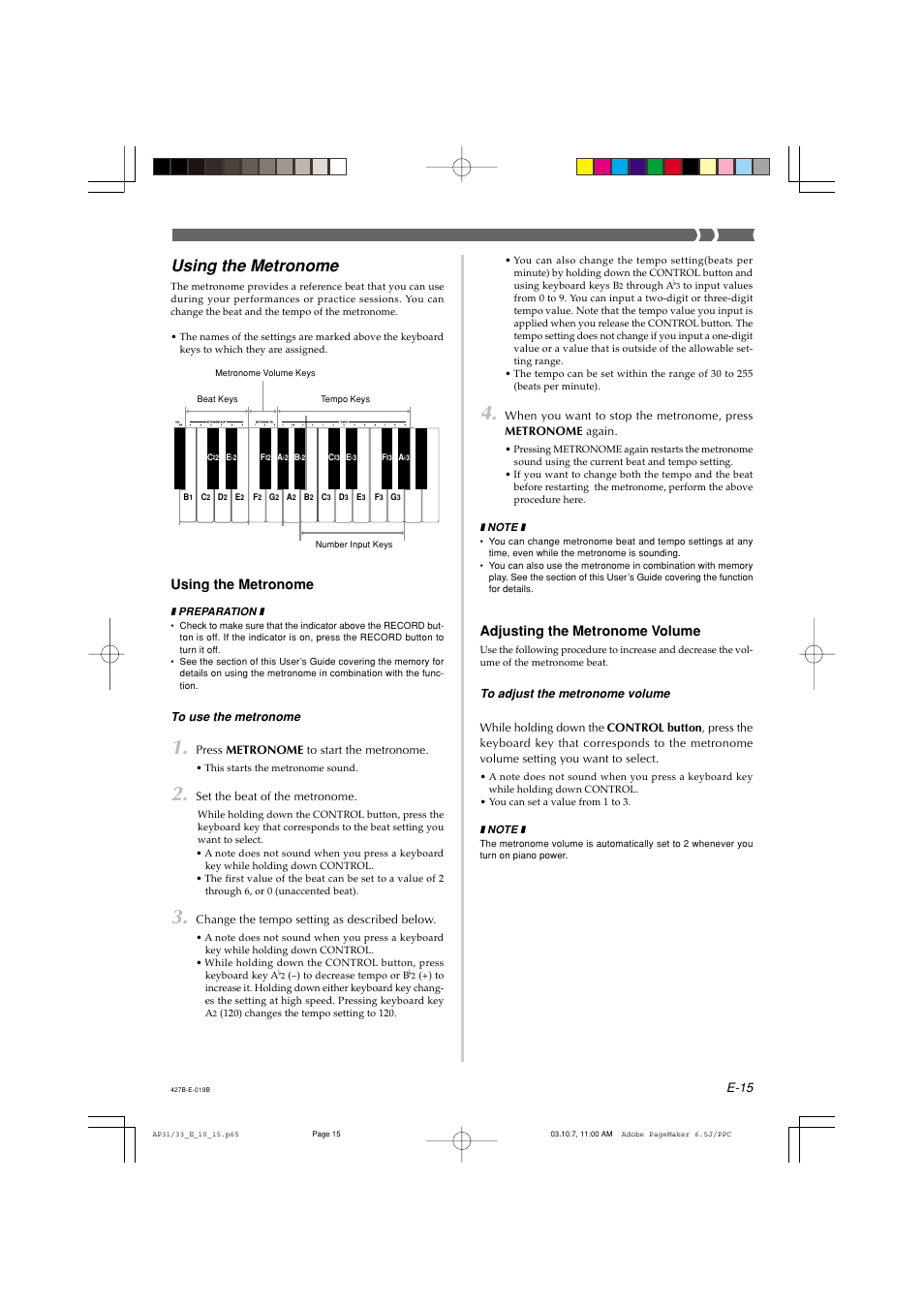 Using the metronome, Adjusting the metronome volume | Casio CELVIANO AP-33V User Manual | Page 19 / 50