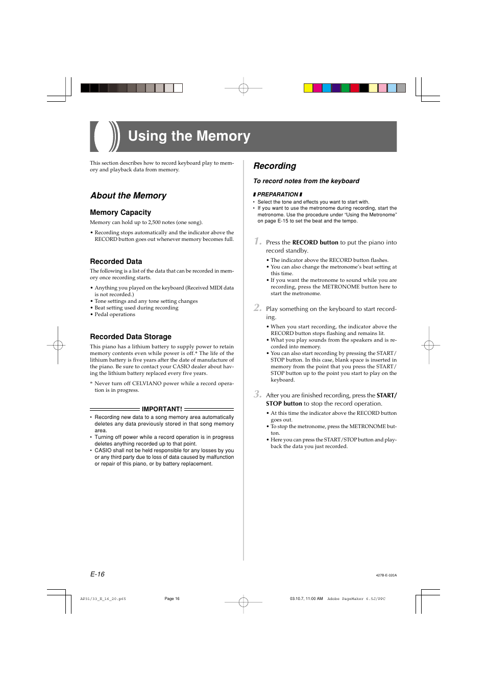 Recording | Casio CELVIANO AP-33V User Manual | Page 20 / 50