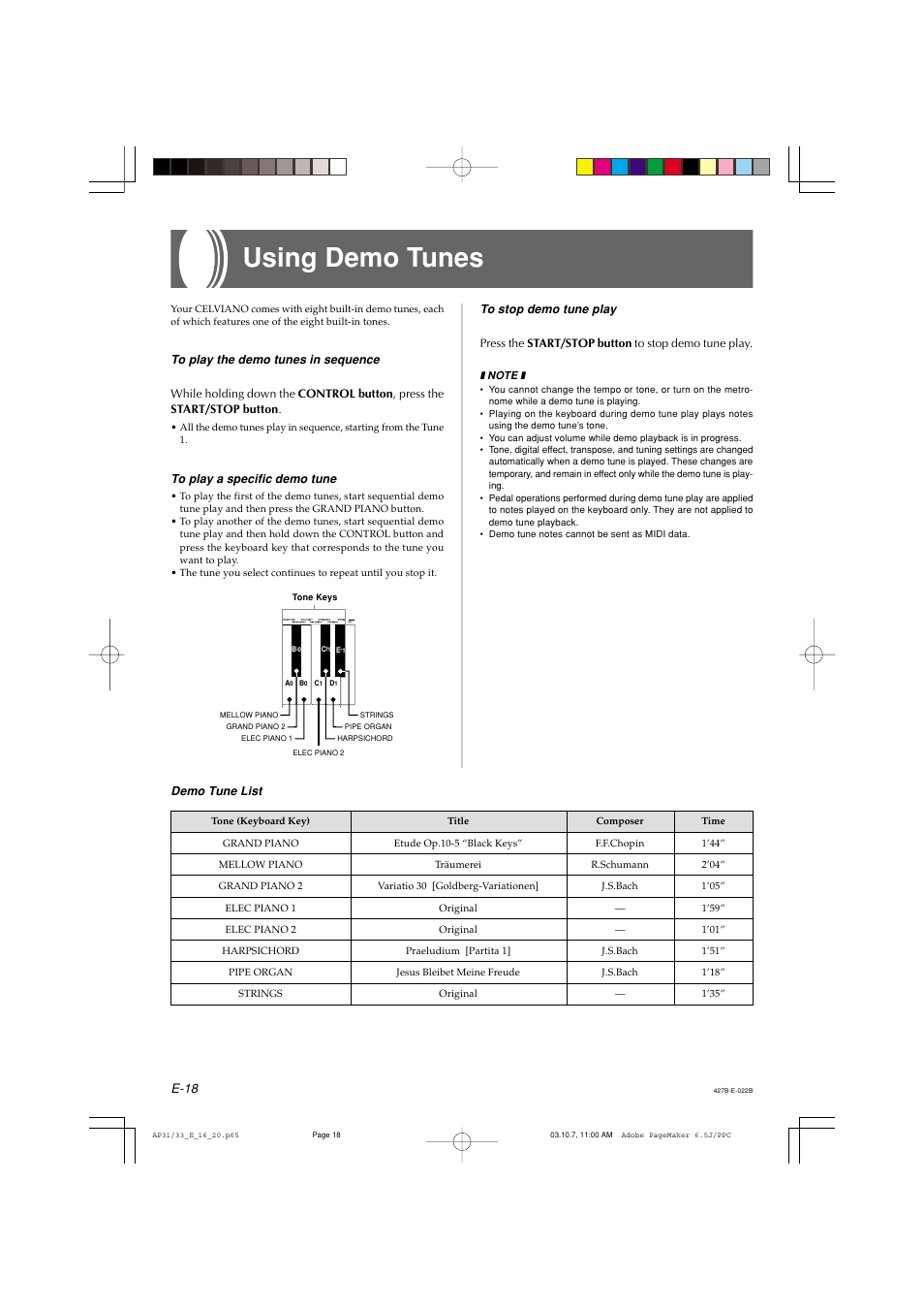 Using demo tunes, E-18 | Casio CELVIANO AP-33V User Manual | Page 22 / 50