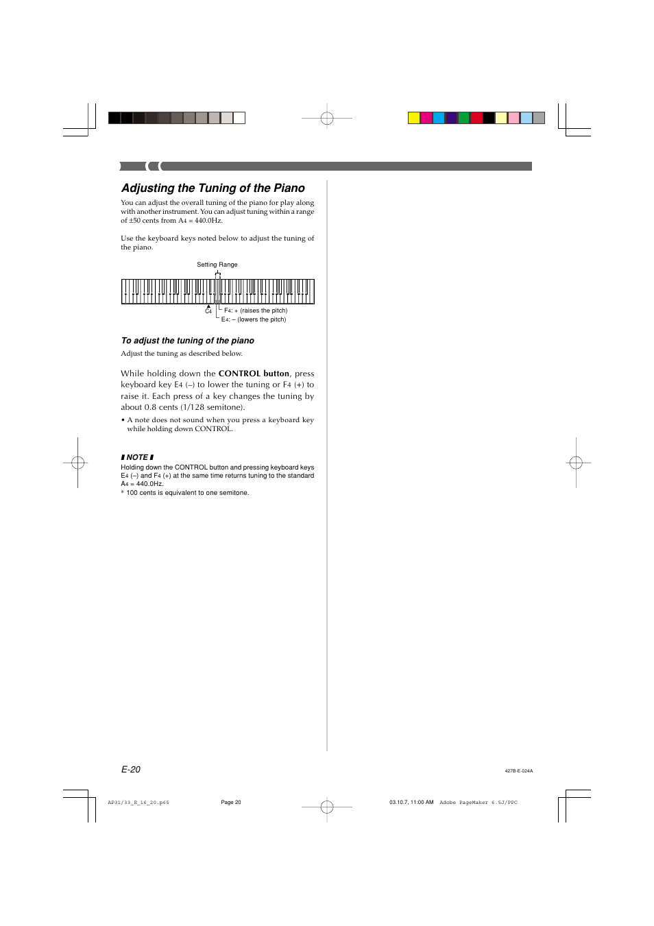 Adjusting the tuning of the piano, E-20 | Casio CELVIANO AP-33V User Manual | Page 24 / 50