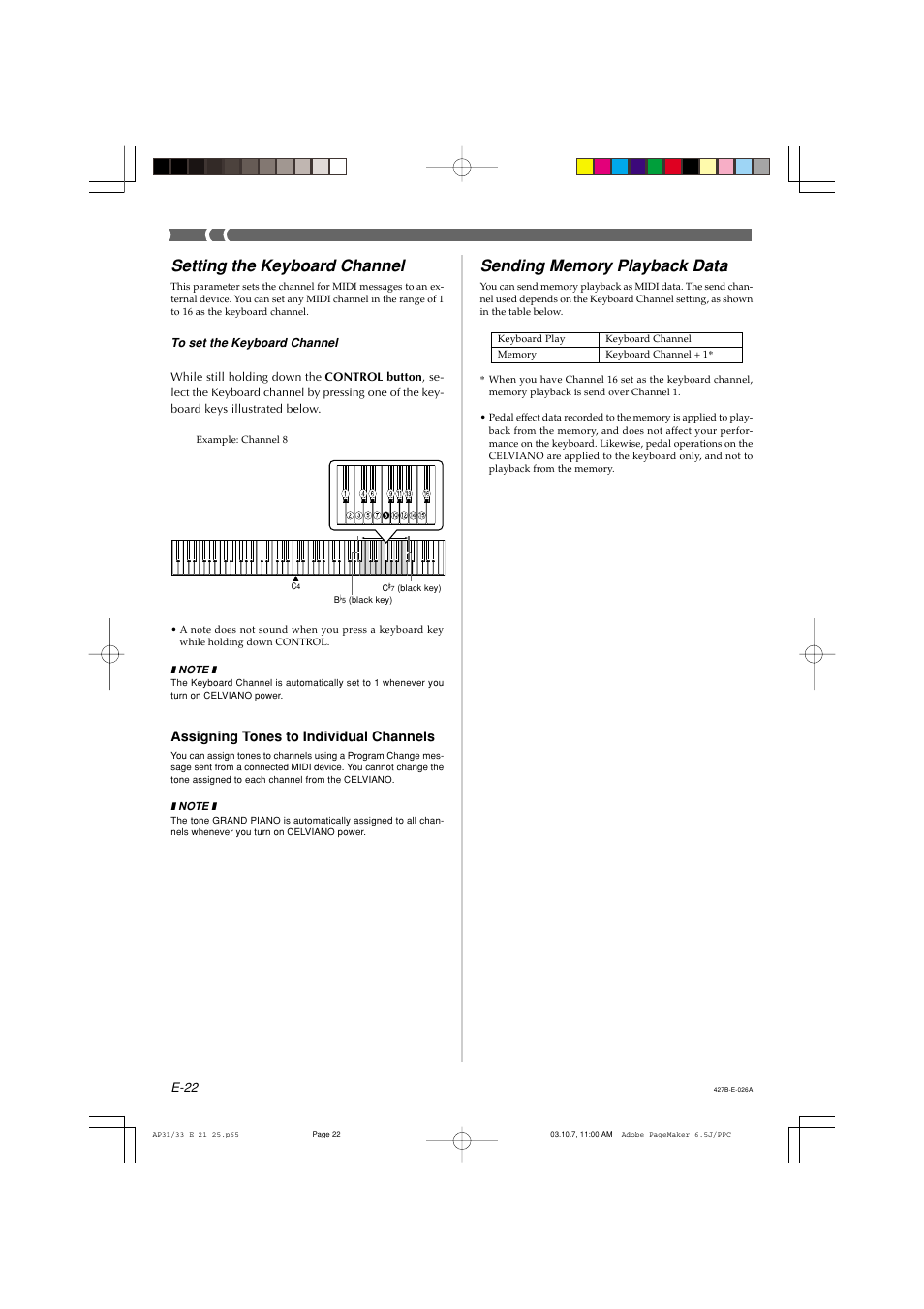 Setting the keyboard channel, Assigning tones to individual channels | Casio CELVIANO AP-33V User Manual | Page 26 / 50