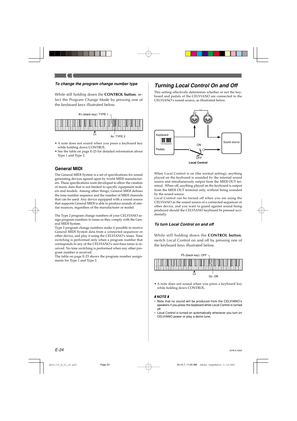 Turning local control on and off, General midi, E-24 | Casio CELVIANO AP-33V User Manual | Page 28 / 50