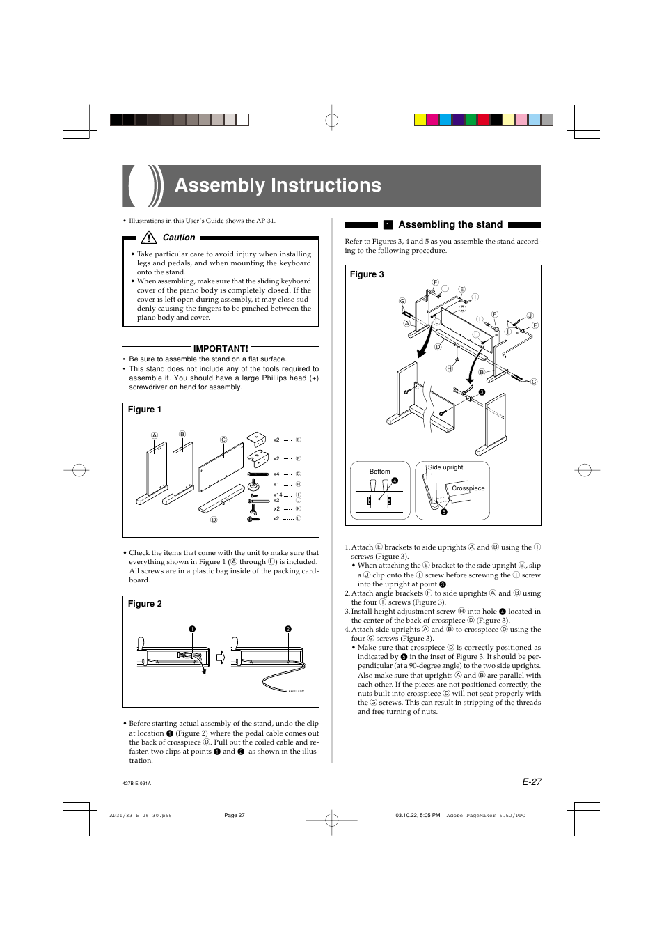 Assembly instructions, 1 assembling the stand | Casio CELVIANO AP-33V User Manual | Page 31 / 50