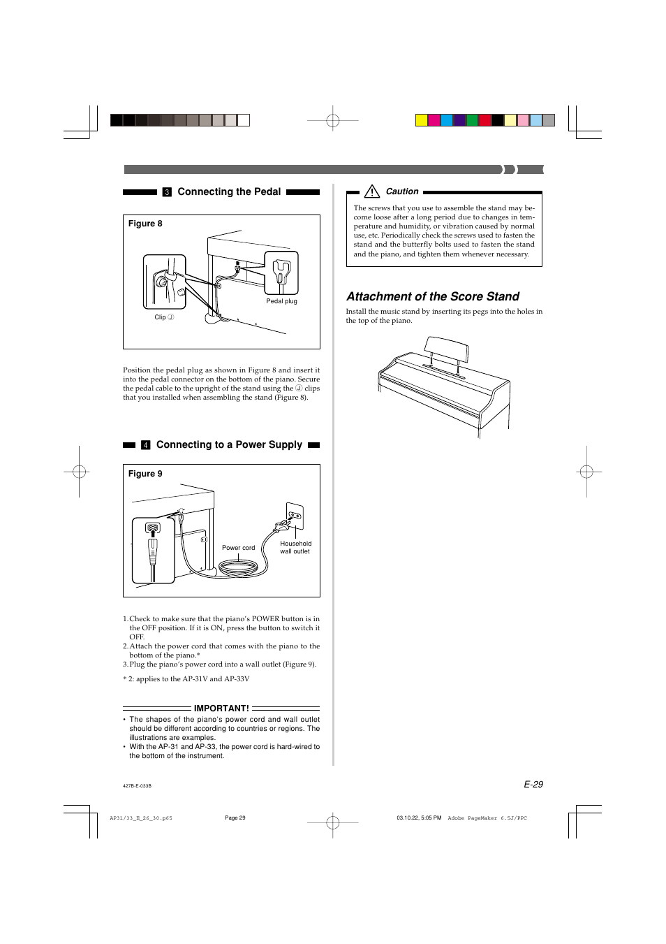 Attachment of the score stand, 4 connecting to a power supply, 3 connecting the pedal | Casio CELVIANO AP-33V User Manual | Page 33 / 50