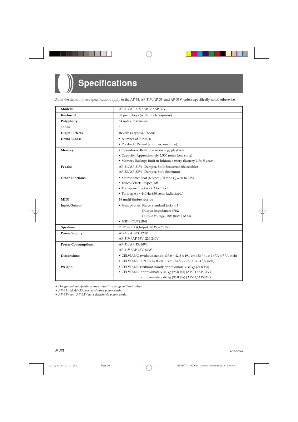 Specifications, E-30 | Casio CELVIANO AP-33V User Manual | Page 34 / 50