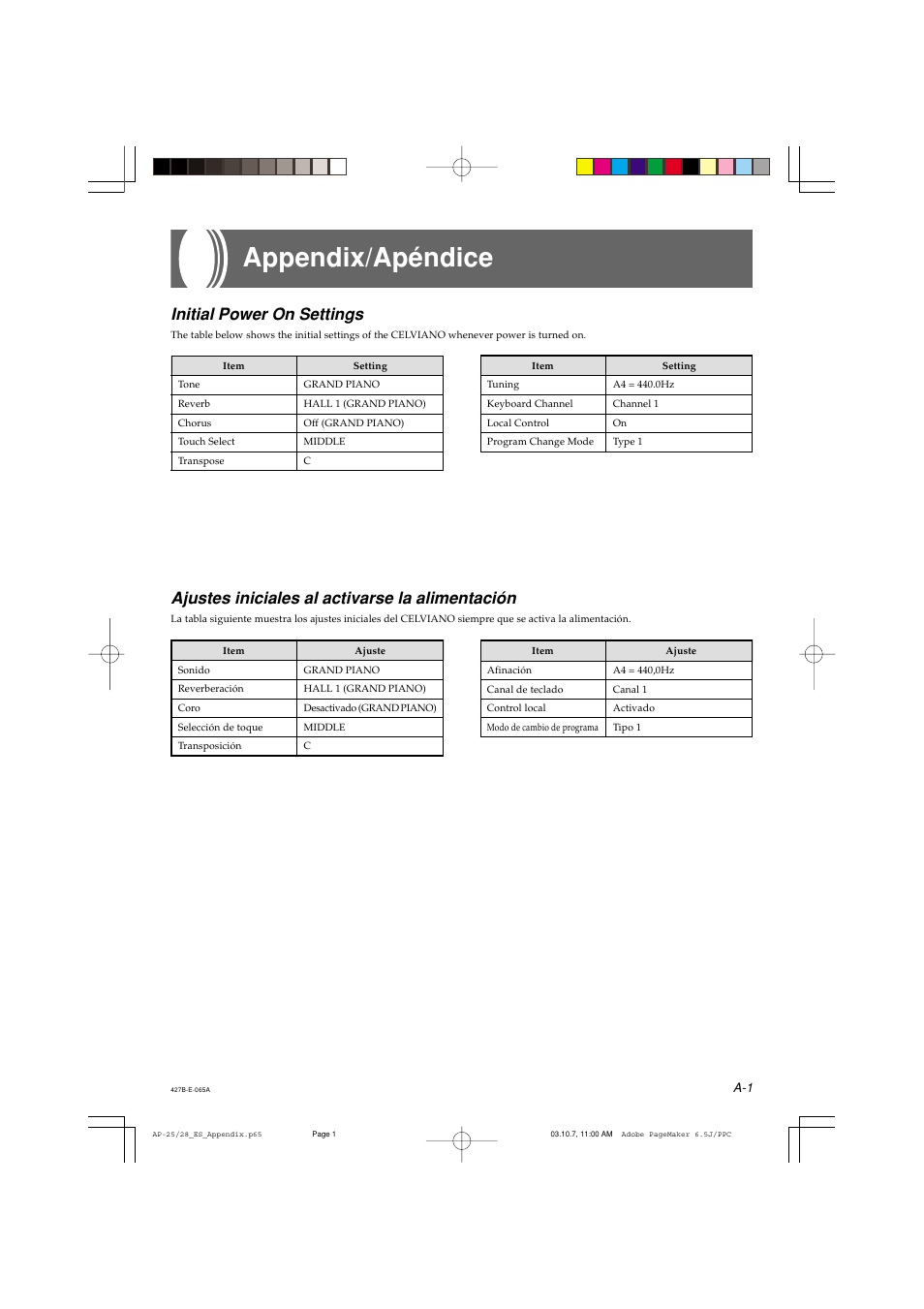 Appendix/apéndice, Initial power on settings, Ajustes iniciales al activarse la alimentación | Casio CELVIANO AP-33V User Manual | Page 35 / 50