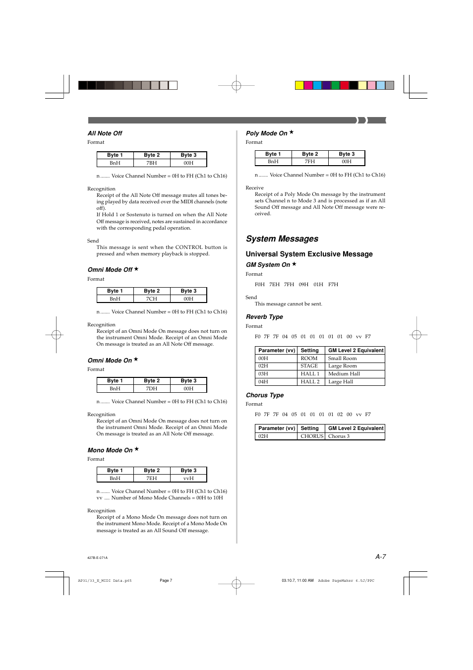 System messages, Universal system exclusive message | Casio CELVIANO AP-33V User Manual | Page 41 / 50