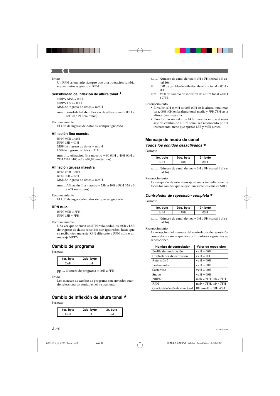 Cambio de inflexión de altura tonal, Mensaje de modo de canal, Cambio de programa | Casio CELVIANO AP-33V User Manual | Page 46 / 50