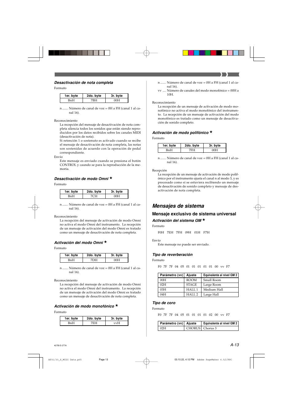 Mensajes de sistema, Mensaje exclusivo de sistema universal | Casio CELVIANO AP-33V User Manual | Page 47 / 50